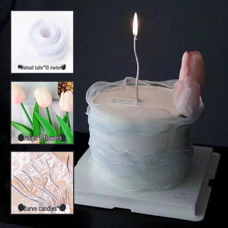 Minimalistischer Tulpen-Kuchenaufsatz mit frischen Blumen und Band für den Muttertag oder Geburtstag