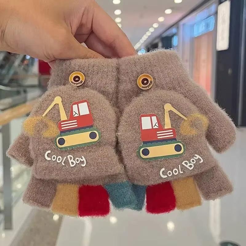 

Мультяшные зимние перчатки для мальчика, милые экскаваторные толстые теплые детские варежки с полупальцами, ветрозащитные детские перчатки для отдыха на природе хаки