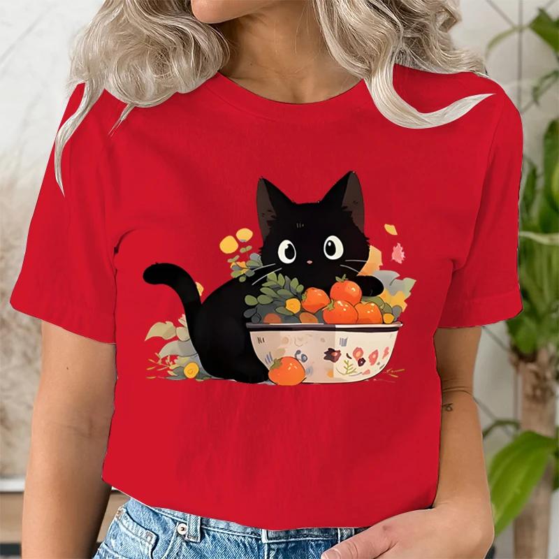

Женская футболка с принтом «Черная кошка и мандарин», короткий рукав, модная одежда, летние женские футболки в стиле 90-х с героями мультфильмов о любителях животных XL