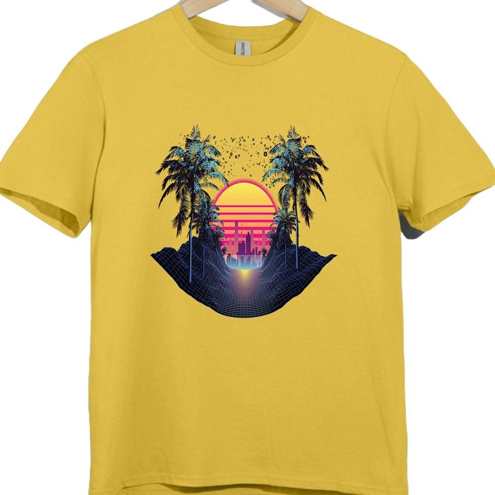 Synthwave T Shirt Retro 80s Neon Sunset City Palm Trees Vaporwave Tee