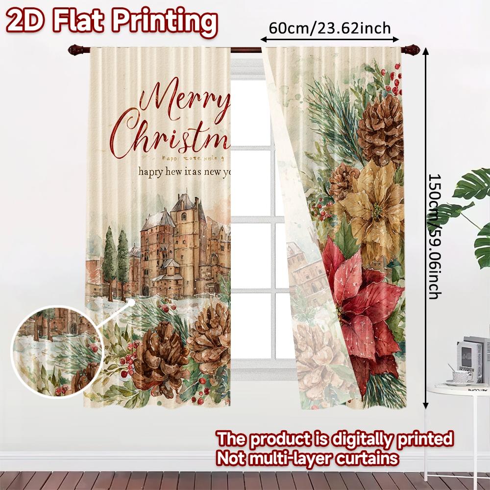 2pcs, 2D FLAT PRINTING Curtains (Without Rod) WinterCastleJoy Christmas Holiday Curtains with Digital Printing Polyester