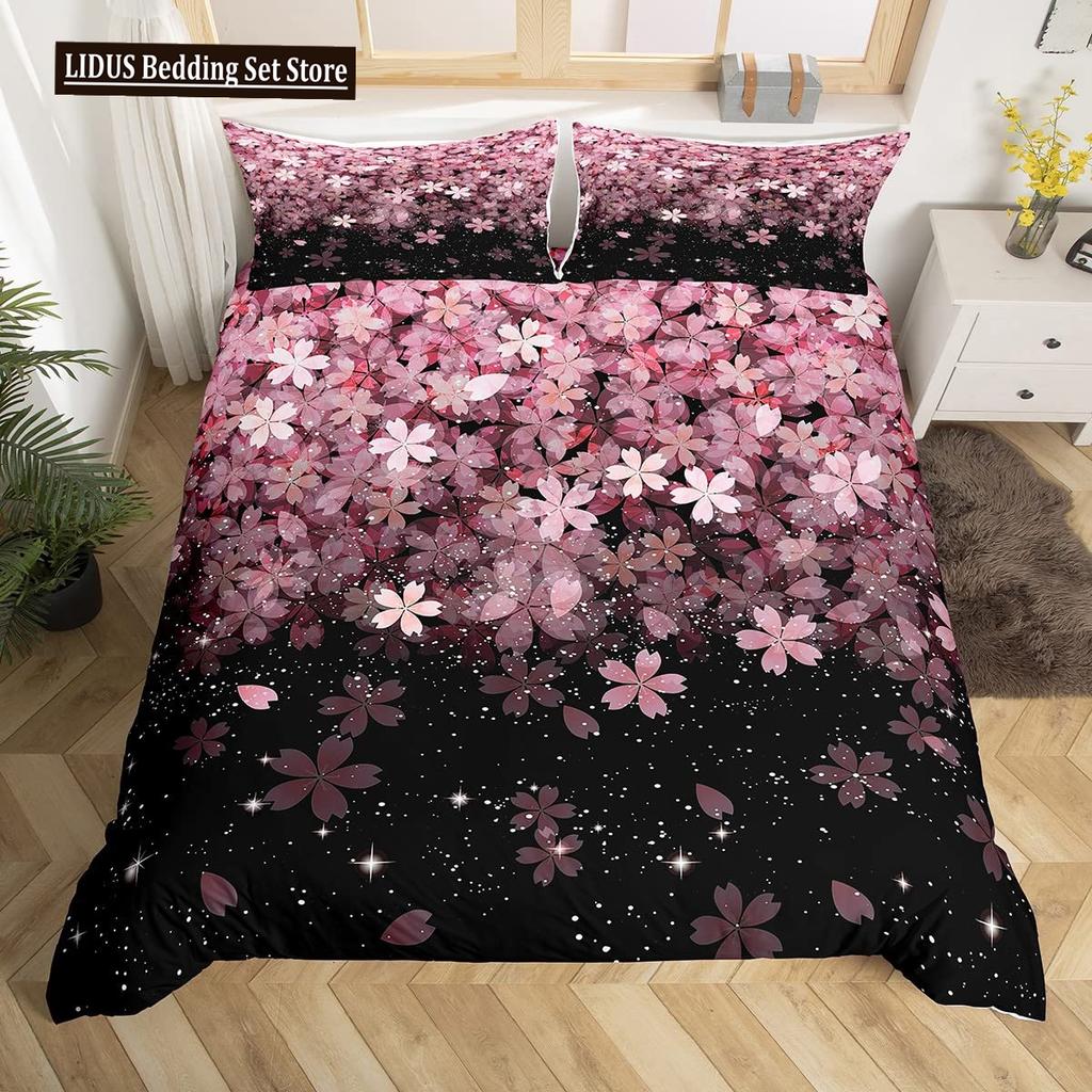 Japanese Duvet Cover Set,Branch Of A Flourishing Sakura Tree Flower Cherry Blossoms Spring Theme Art Japan Bedding Set Full Size