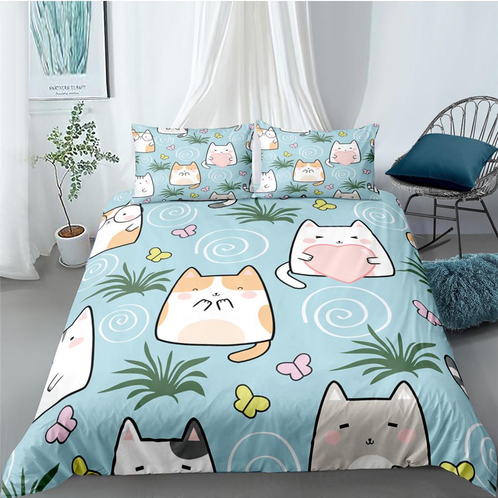 Classic Modern Cartoon Cat for Kids Girl Polyester Kitten 2 3pcs Animal Single Twin Queen King Quilt