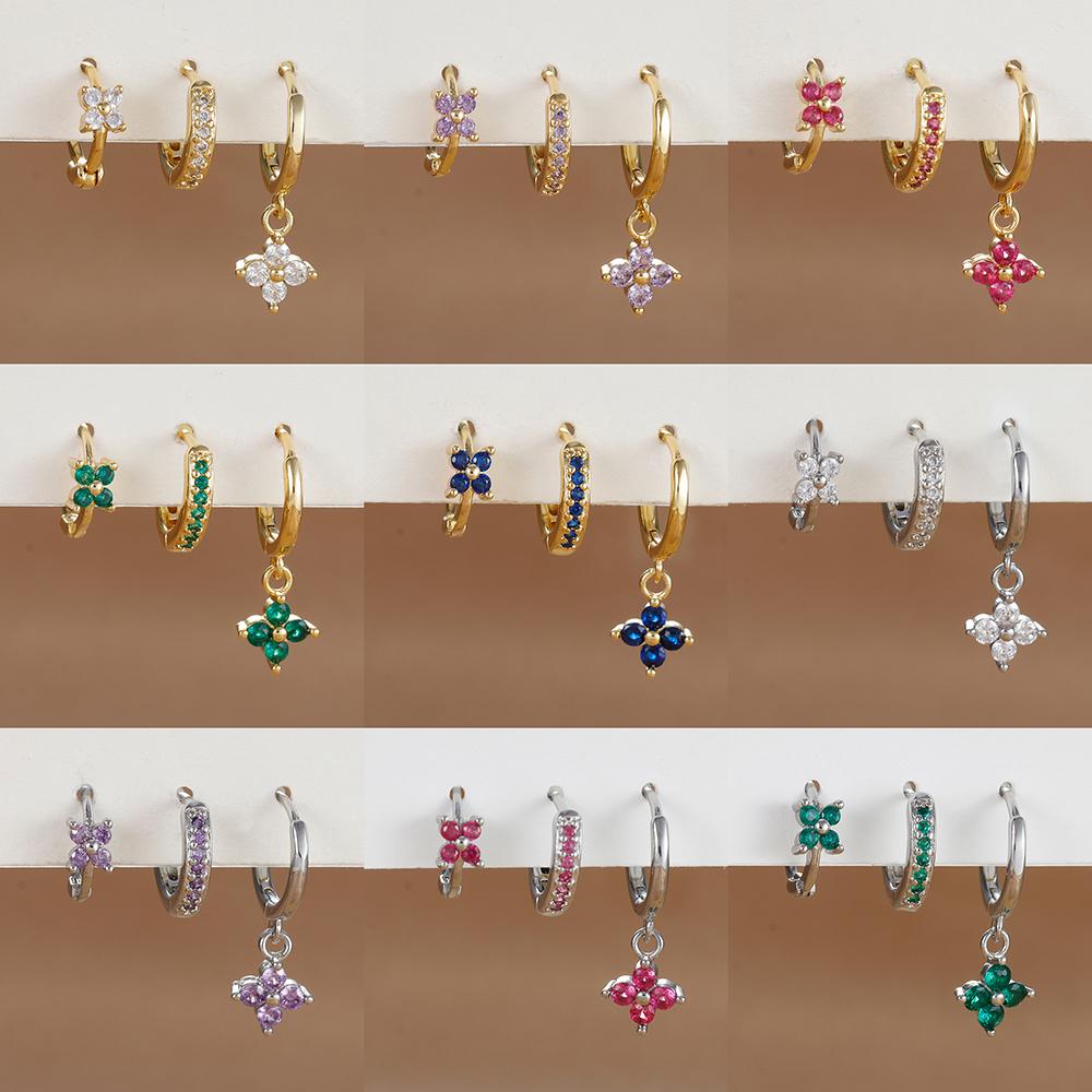 3PCS Trendy Stainless Steel Flower Drop Earring Set For Women Crystal Zirconia Dangle Earring Hypoallerg Piercing Jewelry Aretes