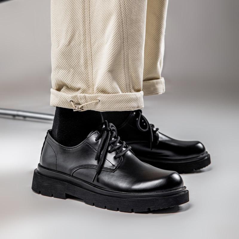 Derby shoes autumn men's shoes British Martin boots round head black low-top leather big head casual small leather shoes