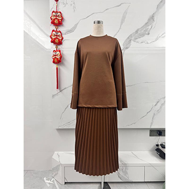2025 autumn European and American cross-border women s clothing crew neck loose casual top retro temperament skirt suit women S верблюд