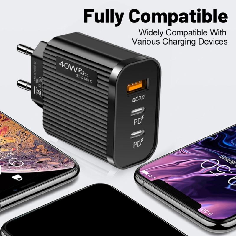 40W Double PD & USB Port Rapid Charging Block EU Plug Type C USB Wall Charger for Phone Tablet Fast Power Adapter