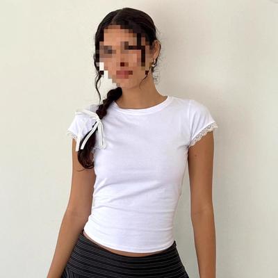 European and American Summer Round Neck Slim Fit Solid Color Lace Patchwork Short Sleeved Top