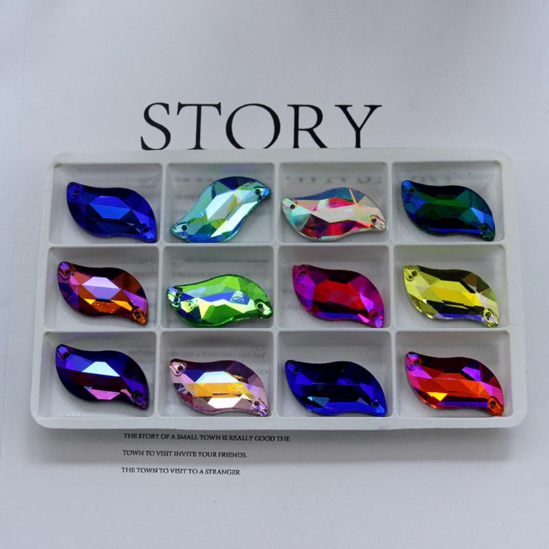 All Size All Color Ab S Shape Sew On Rhinestone Leaf Glass Crystal Sewing Flatback 2 Holes 6*12 10*20 14*30 for Dress Decoration