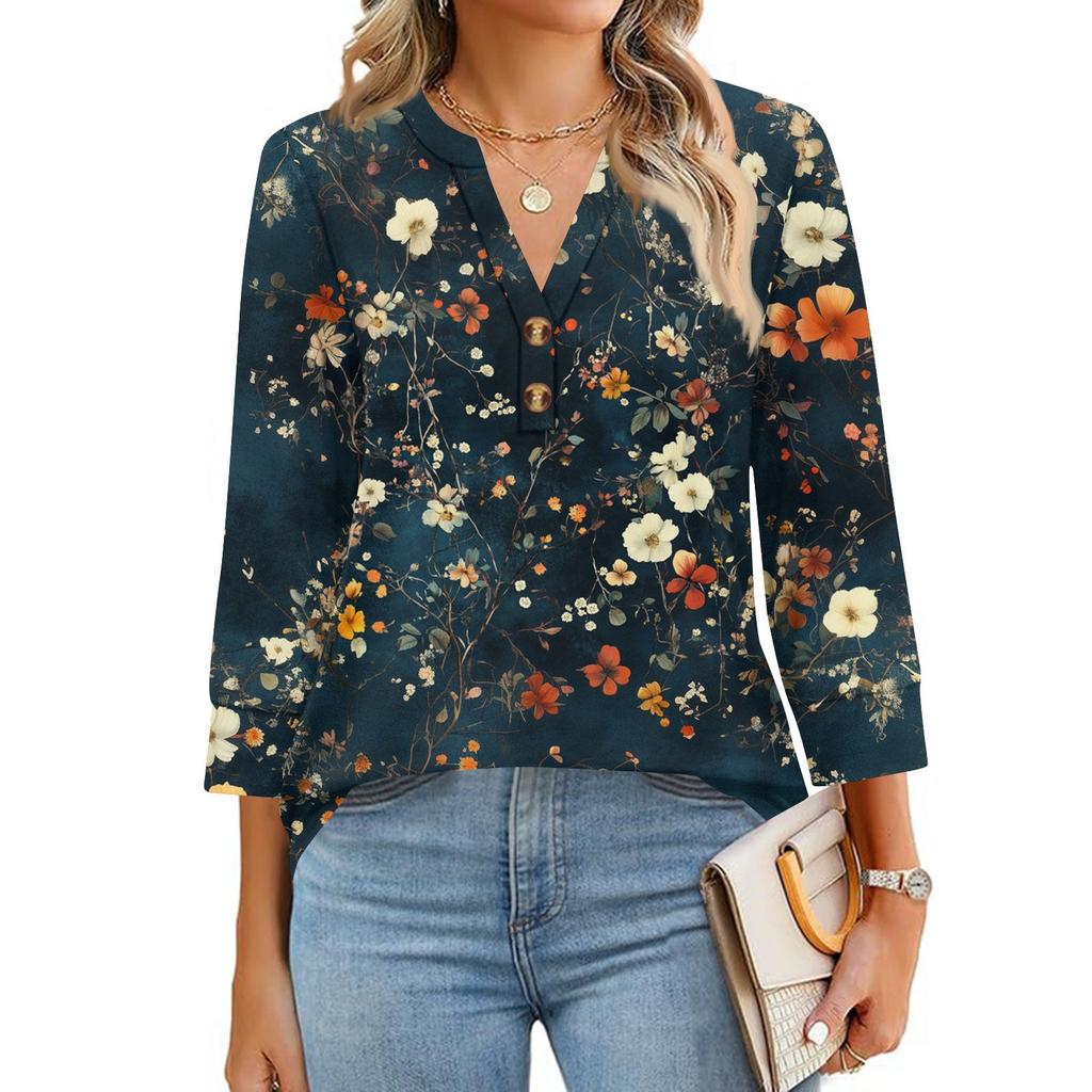 Damen T-Shirt mit Aufdruck, Knopfleiste, 3/4-Ärmel, für den Alltag, Wochenendmode, Basic, V-Ausschnitt, normales Oberteil