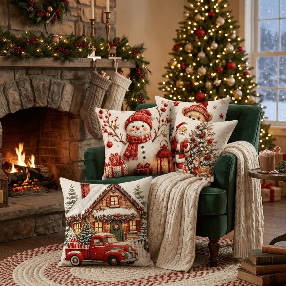 4PCS Elk Christmas Pillow Covers New Year Snowman Pillow Cover Atmosphere Xmas Pillowslip Sofa