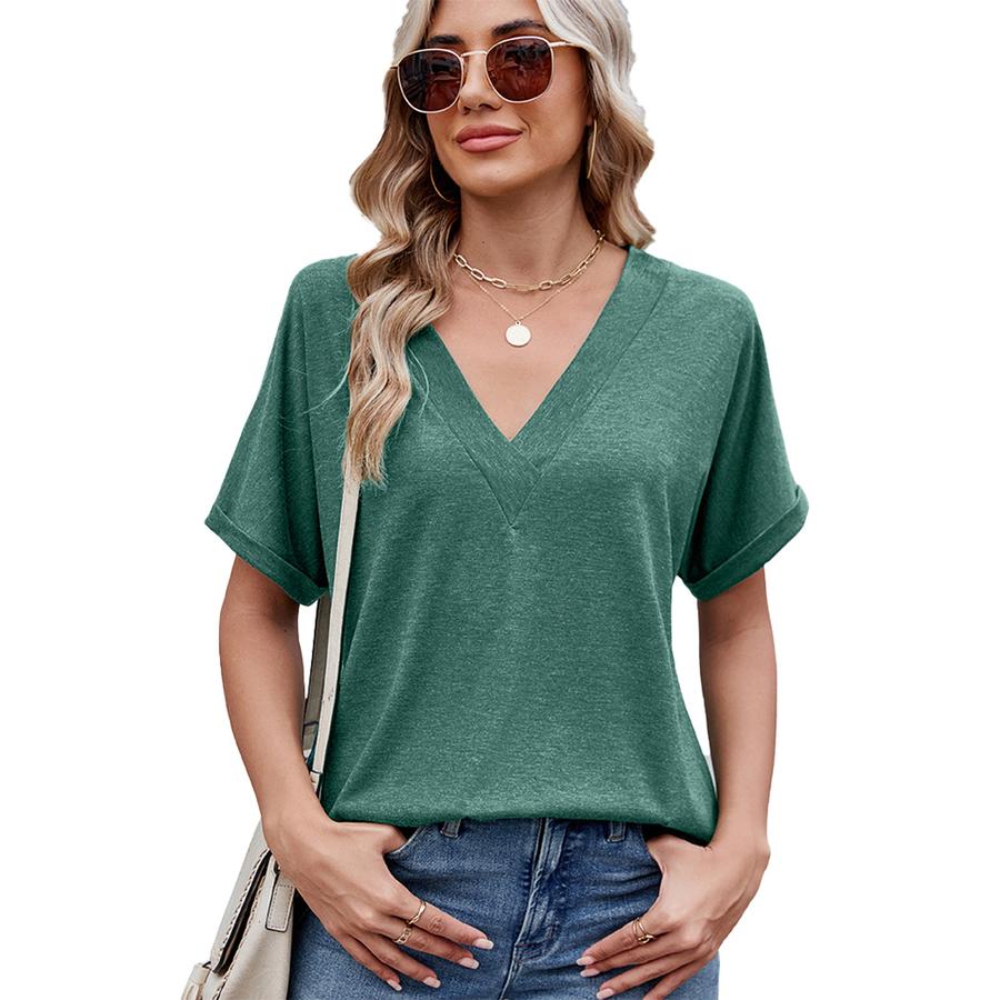 Women's Spring Summer New Arrivals Solid V-Neck Loose Short Sleeve T-Shirt Top