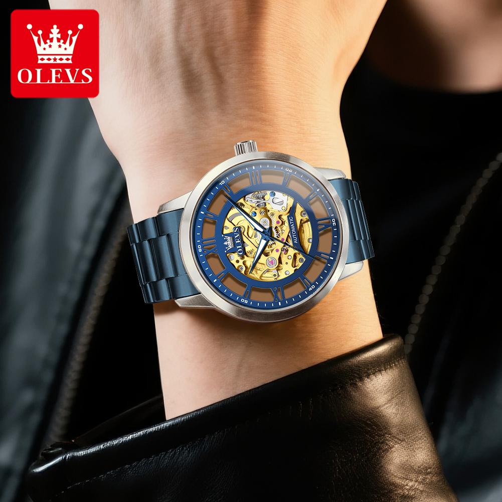 OLEVS 6728 Luxury Wristwatches For Man Luminous Skeleton Stainless Steel Strap Men's Sport Automatic Mechanical Men's Watches