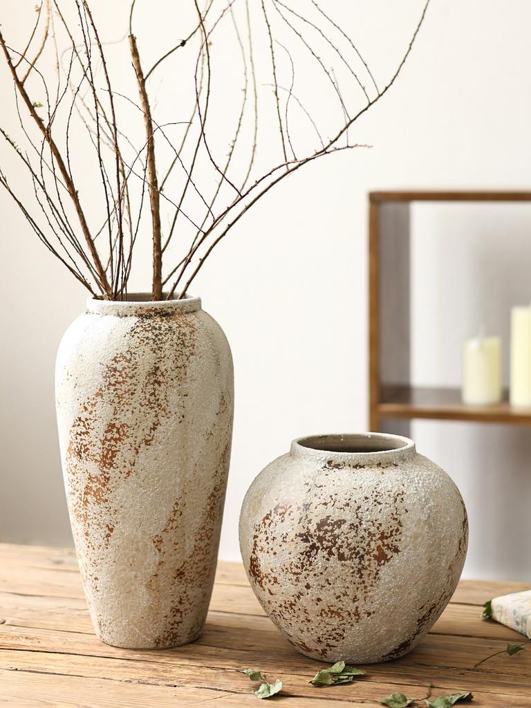 French Retro Wabi-Sabi Style High-End Ceramic Vase Jingdezhen Pot Living/Dining/Bedroom/Office Flower Arrangement Decor Dried