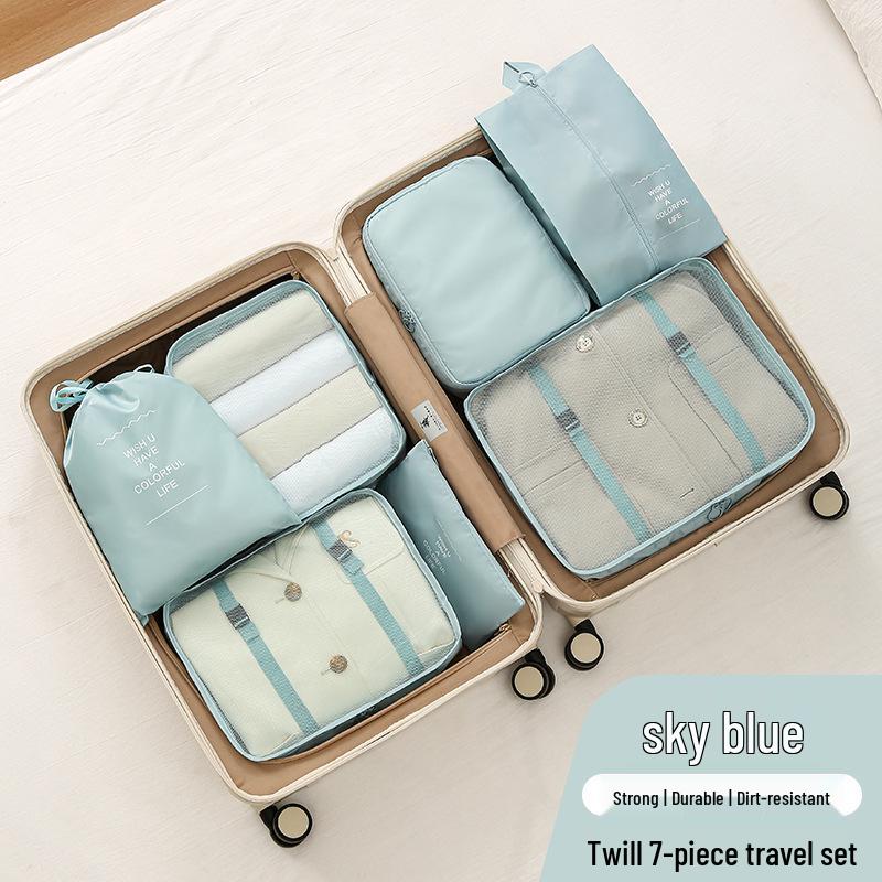 Seven-Piece Travel Packing Bag Set: Clothes, Underwear, Cosmetics, and More.