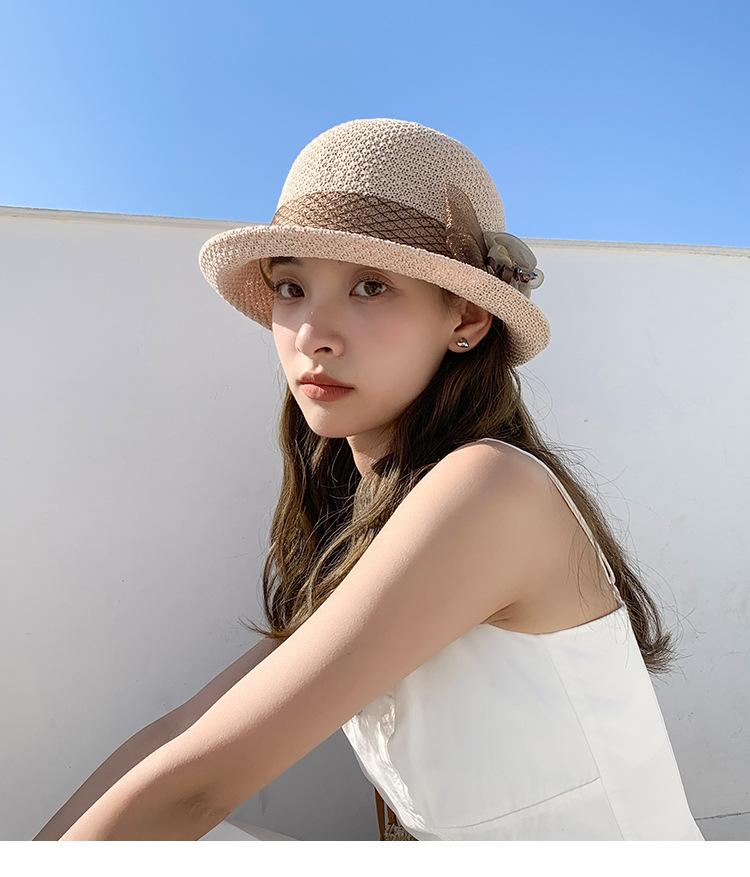 Fashion Elegant Version Women Summer New Knitted Breathable Flower Fisherman Hat Sunshade Sunscreen Curly Edge Short-brimmed Hat