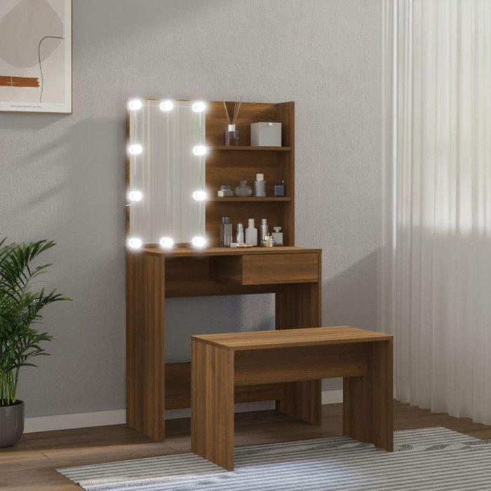 VidaXL Ensemble de Coiffeuse avec LED Table Cosmétique Coiffeuse de Maquillage Table à Bijoux Chambre à Coucher Chêne Marron 3114114