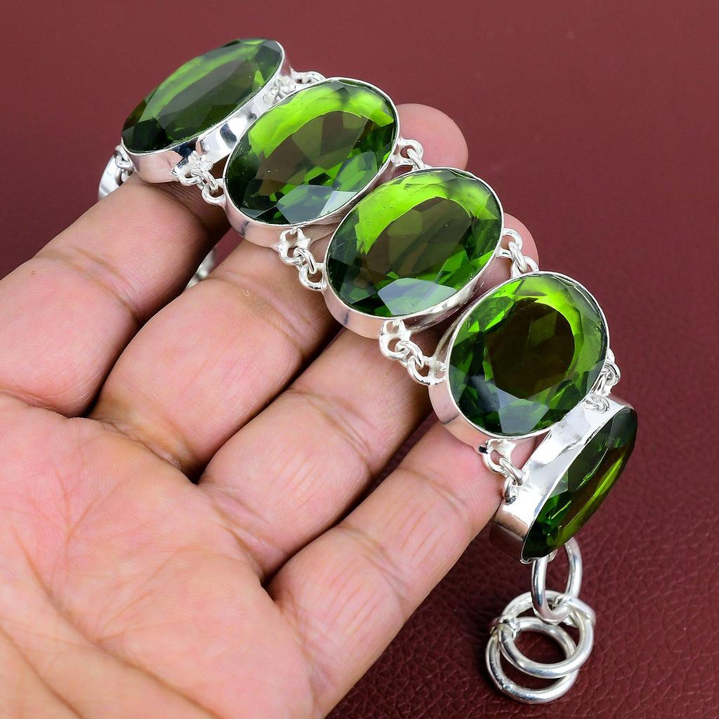Faceted Peridot Bracelet Handmade Gemstone Bracelet Unique Jewelry 925 Sterling Silver Bracelet Adjustable Chain Bracelet Anniversary Gifts