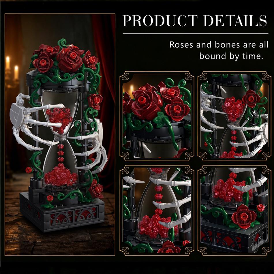 Halloween Gothic Rose Skeleton Hourglass Building Blocks Flower Skull Sand Clock Desktop Decor Bricks Toys Valentine Day Gifts
