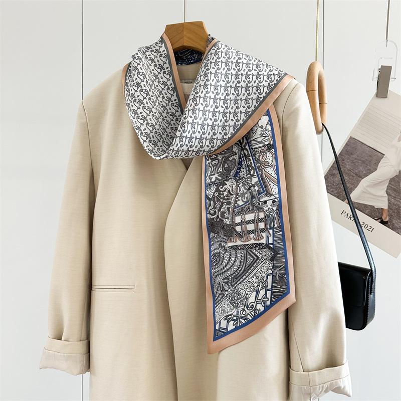 Silk scarf female blue knight print temperament mulberry silk silk scarf thin narrow long double-sided scarf streamer