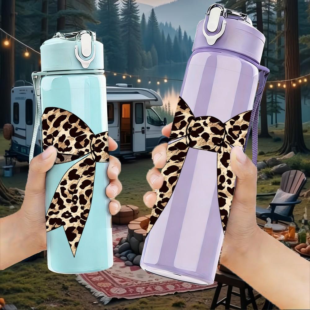 1PC Leopard Print Bow Ribbon Print 750ml Color Plastic Sports Water Bottle Leakproof Flip Straw Lid Suitable for Sports Office Home Use