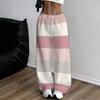 Women Plus Size Striped Printed Drawstring Waist Loose Straight Leg Pants