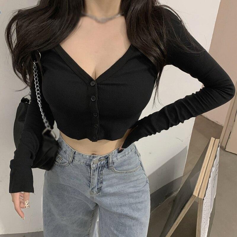 Spring  Women Knitted Cardigan  Low-Cut V-Neck Long-Sleeved Short Thread T-Shirt Navel Bottoming Shirt Tight Top