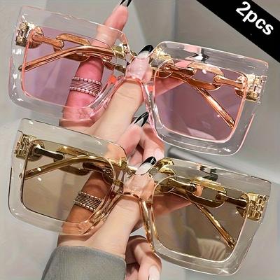 2pcs Luxury Oversized Fashion Sunglasses for Women - Large Square Frame with Anti-Glare Lenses, Golden & Rose Golden Accents