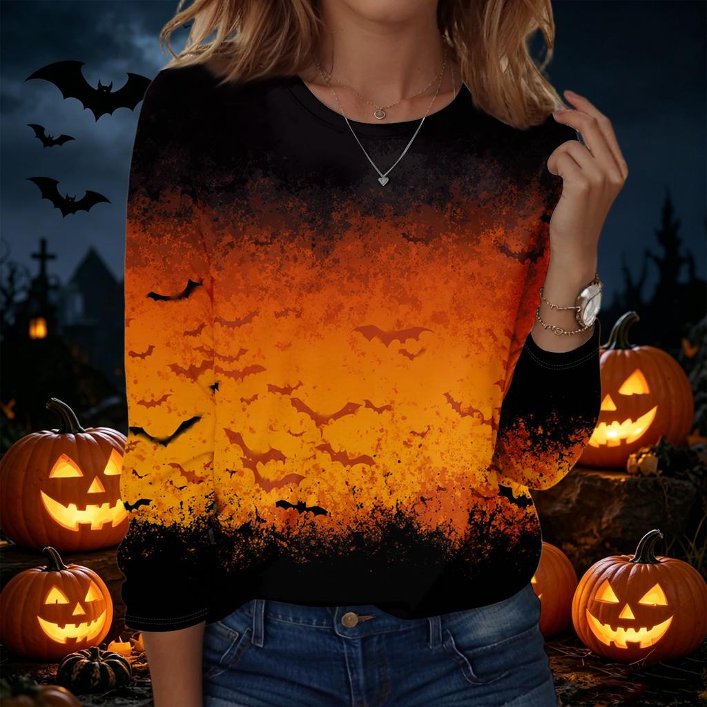 Women's Halloween Print Crew Neck Long Sleeve Pullover Sweatshirt Casual Fit Lightweight Top for Seasonal Wear
