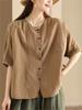 Johnature Women Vintage Shirts Tops Summer O-Neck Short Sleeve Blouses Solid Color Button Female Shirts