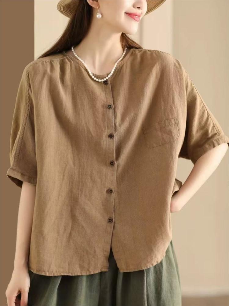 Johnature Women Vintage Shirts Tops Summer O-Neck Short Sleeve Blouses Solid Color Button Female Shirts