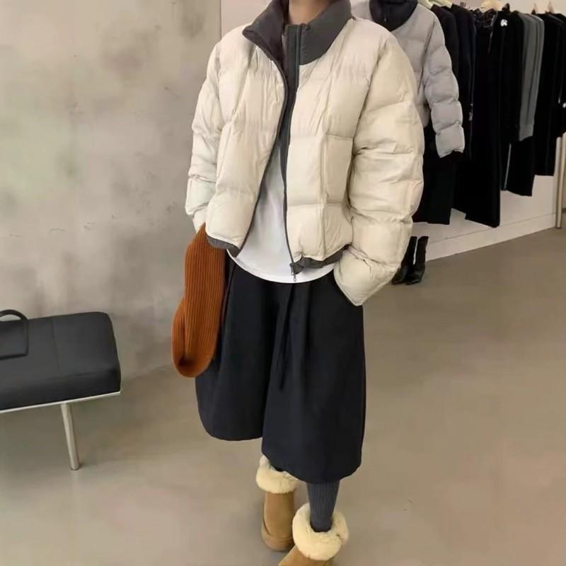 Womens Short Puffer Jacket 2026 Korean Style Thickened Stand Collar Colorblock Warm Outerwear Small Stature