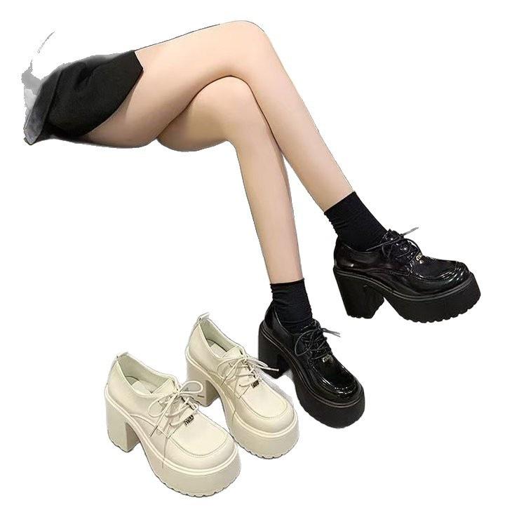 British style small leather shoes thick heels high heels new spring waterproof table heightening Mary Jane single shoes