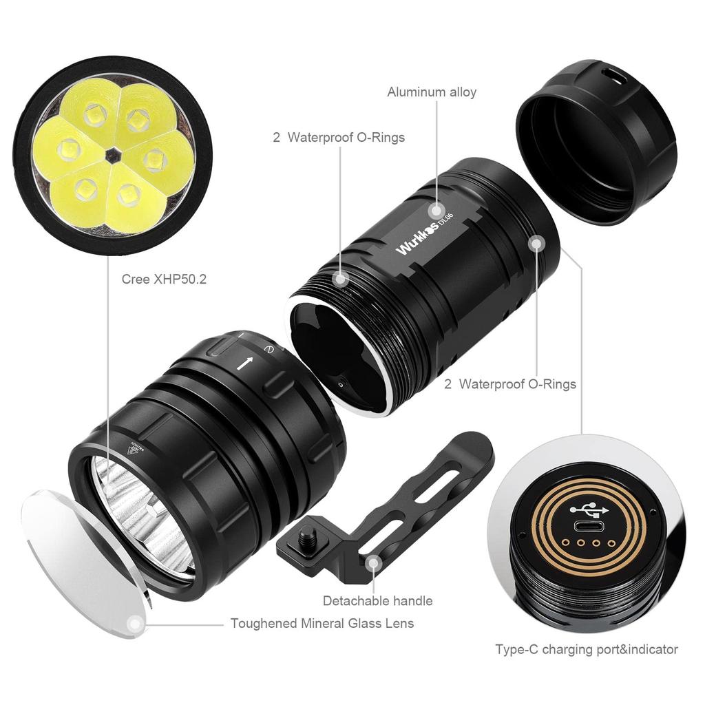 Wurkkos Diving Lumens DL06 LED Rechargeable Water Lung Diving Beam 6 IPX8 100m Underwater Flashlight Light, 15,000 Flashlight, Light, 100° Angle,