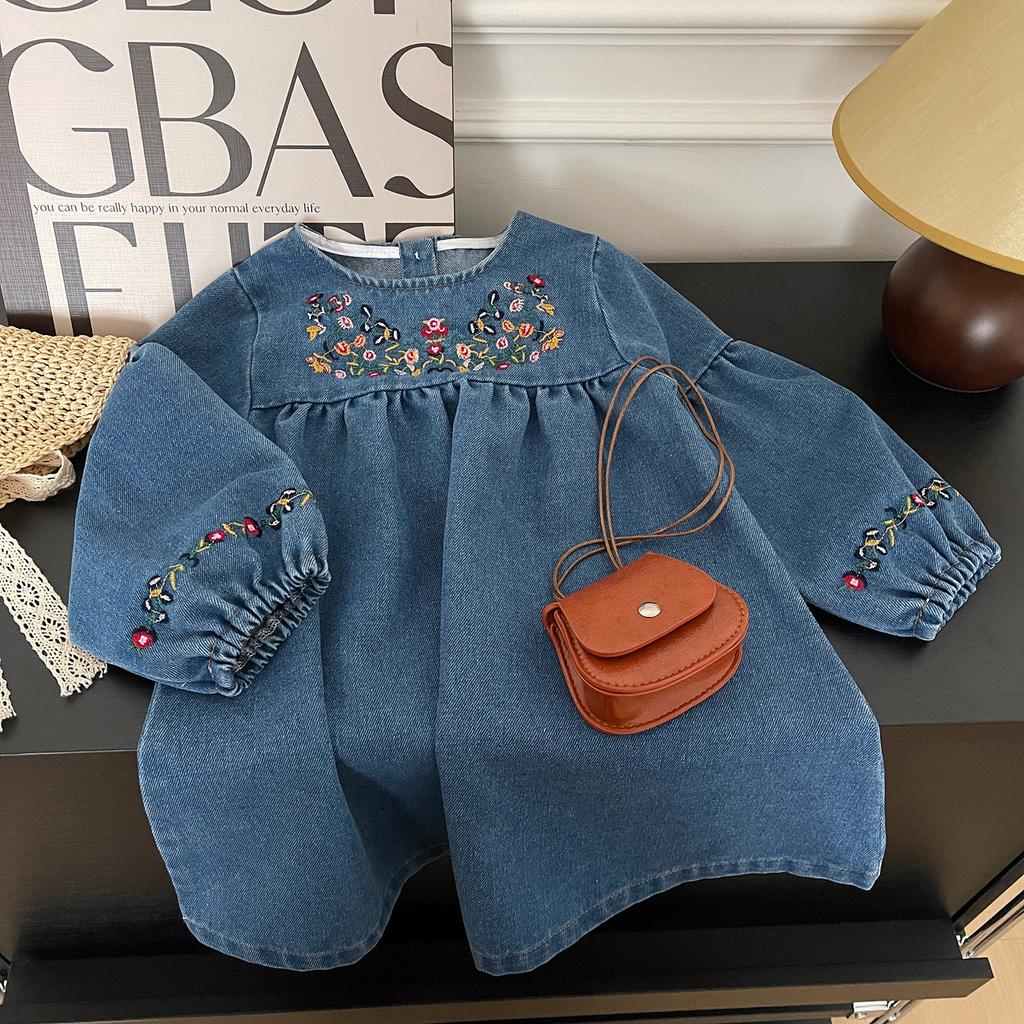 Herbst Mädchen Jeans Bestickt Langarm Kleid Mädchen Freizeitkleid