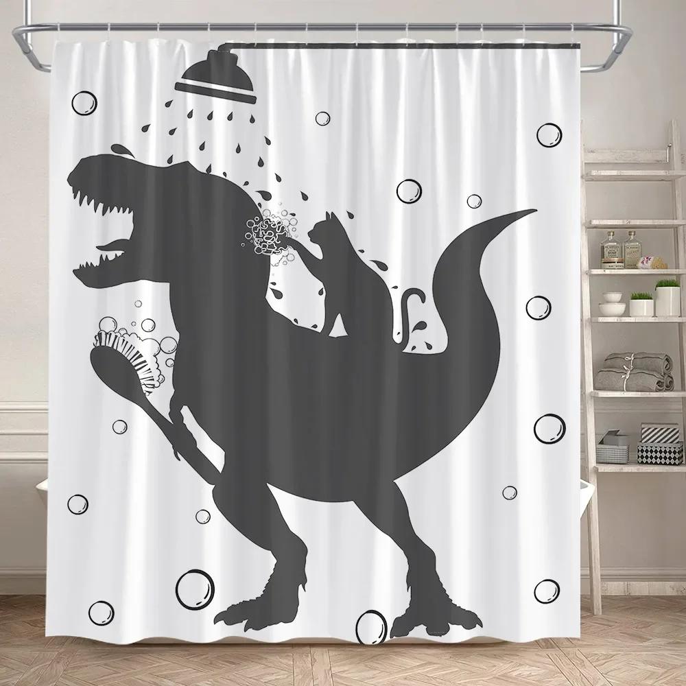 Lustige Badende Dinosaurier Duschvorhänge Schwarze Katze Tiersilhouette Kinder Badevorhang Modernes Polyester Badezimmerdekor mit Haken