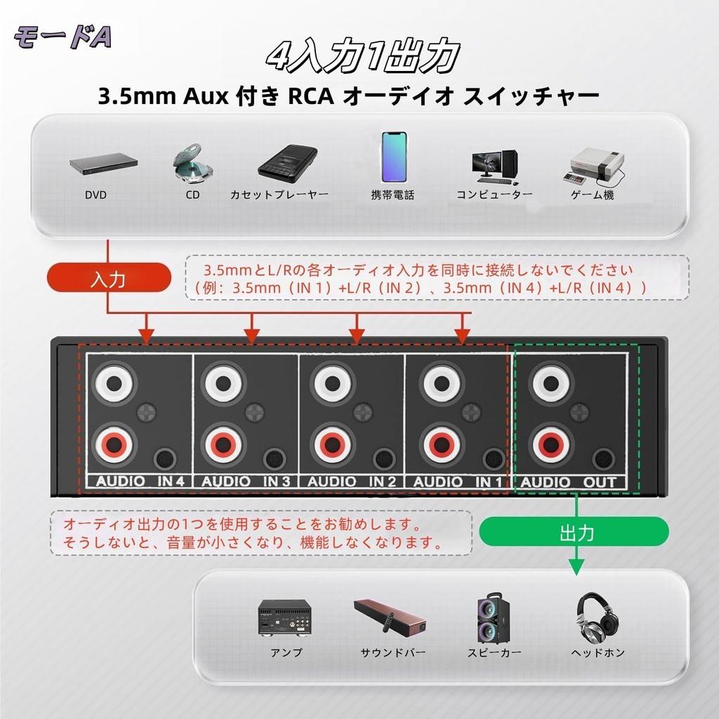 Audio 4 RCA Stereo Audio No Power Supply for CD DVD Stereo Black and Gray Switcher/Audio Selector, Inputs/1 Output, + 3.5 Switcher/Splitter, Required,