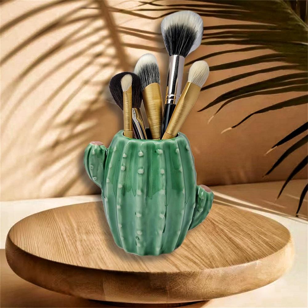 1 Stück Kaktus Keramik Stifthalter Ständer Becher Bleistifthalter Organizer Make-up Pinselhalter für Zuhause Büro Schreibtisch Grün Weiß Kaktus