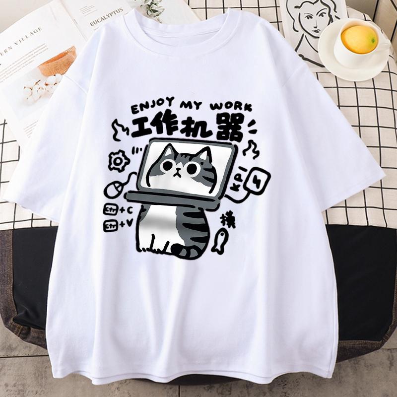 Fun Tool Cat Print Japanese Style T-Shirts Men Women Breathable Clothing Summer Cotton Tshirt Hip Hop Loose Oversized T-Shirt