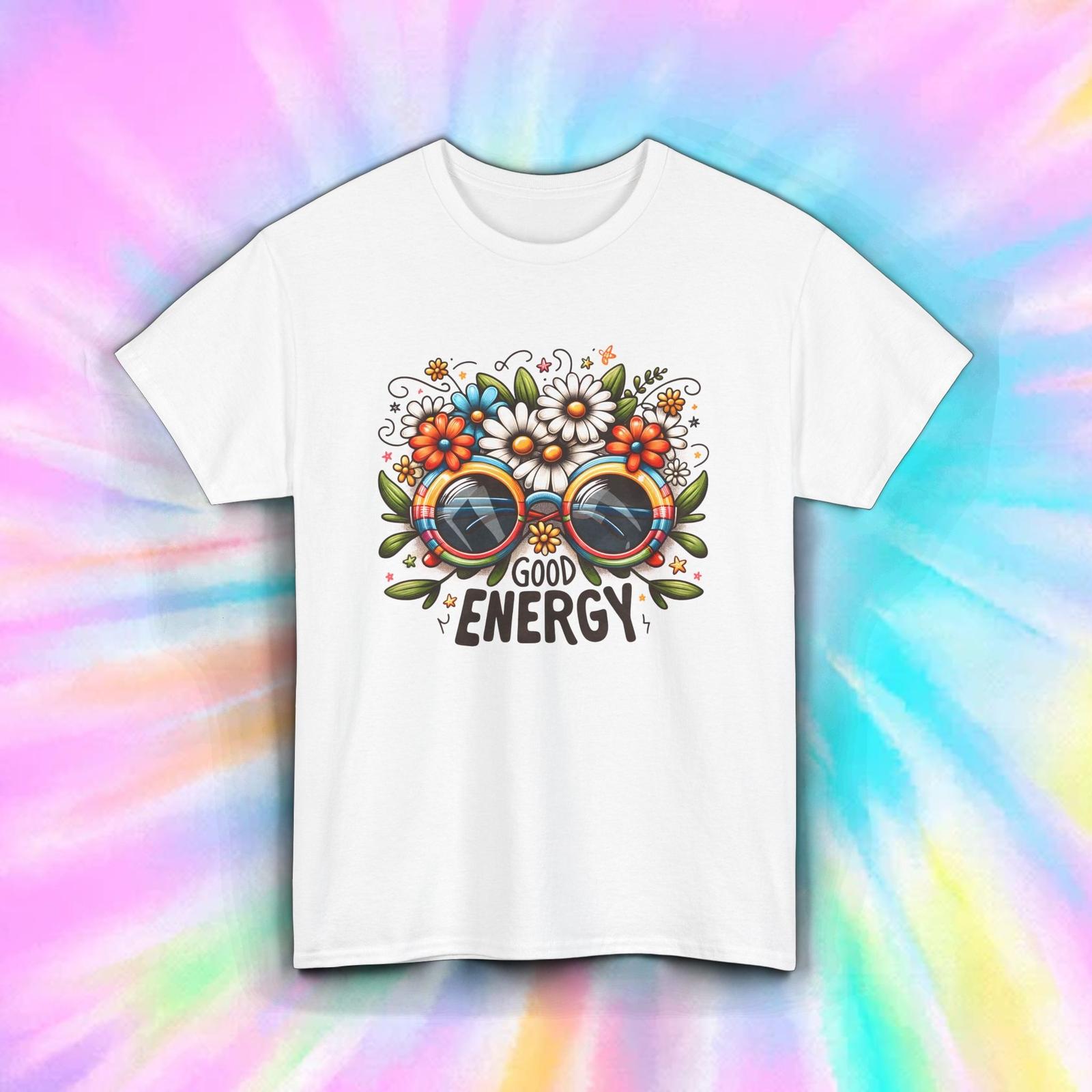 Good Energy Shirt Retro Hippie Flower Sunglasses Positive Vibes Tee S-5XL L