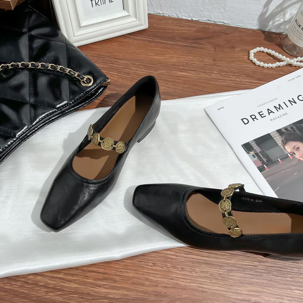 Grape mother French retro single shoes women's outer wear one word with small gold coins thick heels high heels soft soles not tired feet women's shoe