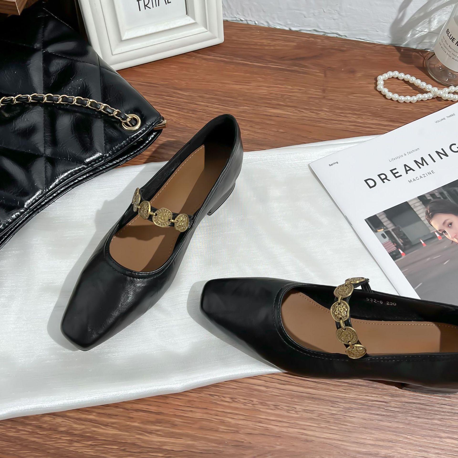 

Grape mother French retro single shoes women s outer wear one word with small gold coins thick heels high heels soft soles not tired feet women s shoe 35