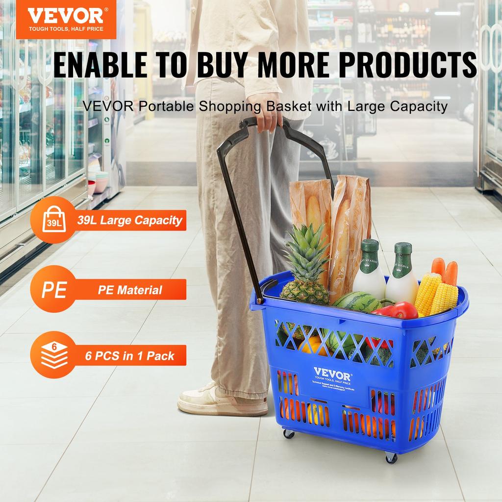 VEVOR Shopping Baskets, 6PCS, 39L Shopping Carts with Handles, Plastic Rolling Shopping Basket with Wheels