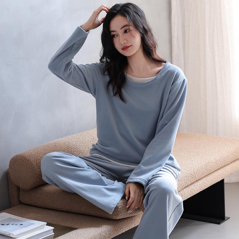 Island Fleece Pajamas Women'S Autumn And Winter Coral Fleece Thin Fleece Long-Sleeved Casual Fake Two-Piece Set Head Loungewear Set