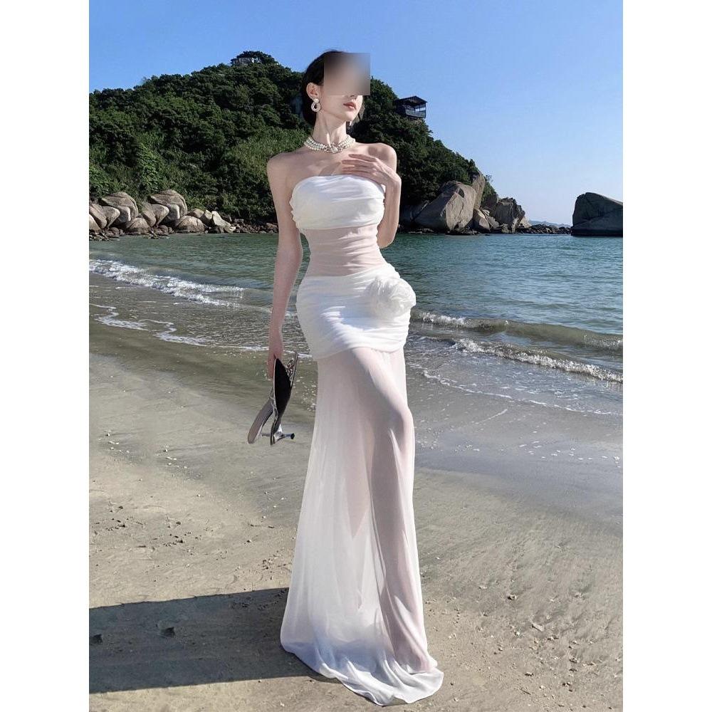Super fairy vacation wind perspective mesh tube top skirt fishtail long dress dress white dress light wedding dress