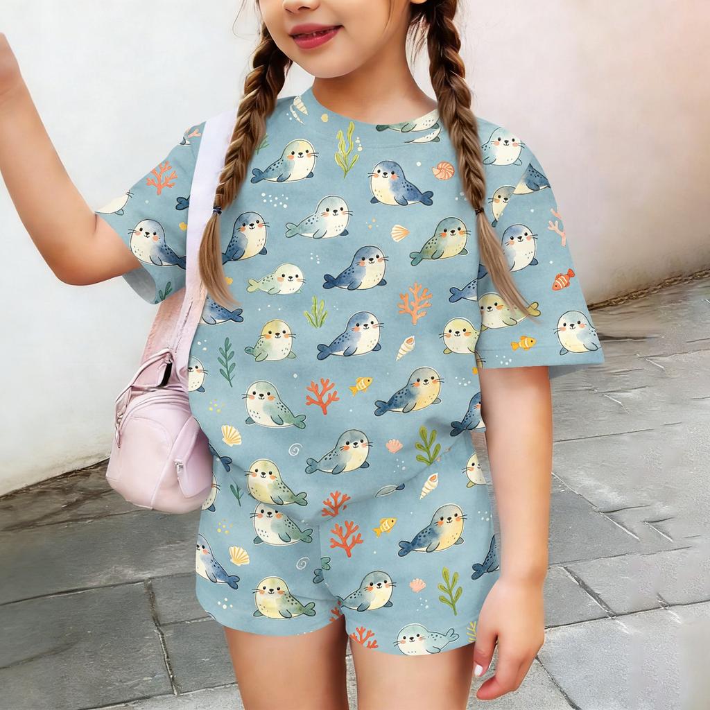 Kids Casual Short Sleeve Shirt and Shorts Set Animal Print Comfortable Lightweight Summer Outfit for Boys and Girls