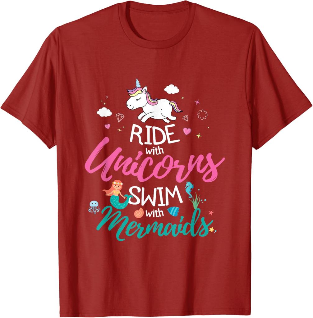 Ride With Unicorns Swim With Mermaids Graphic Tee Casual Short Sleeve Cotton TShirt for Girls