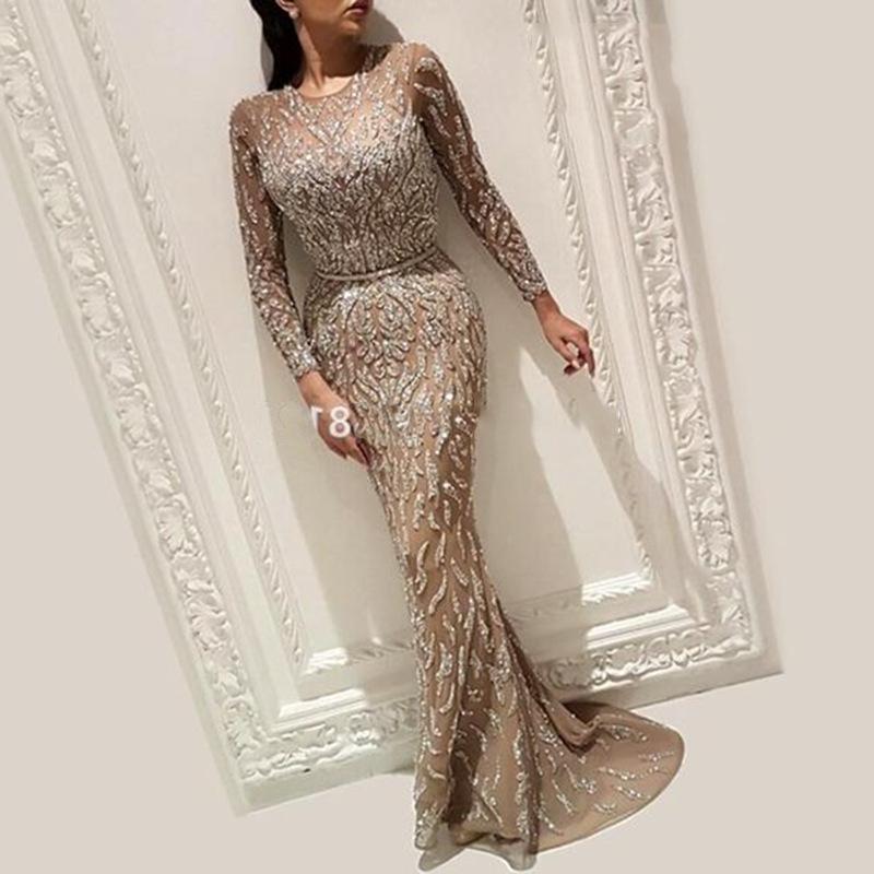 2025 new women's sexy dress sprinkled gold long-sleeved fishtail ball dress