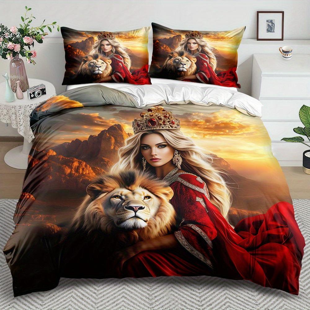 Fantasy Beauty Theme Down Comforter Cover Set - 2/3Pcs Soft Comfortable Breathable Beauty And Lion Pattern Printed Bedding Set