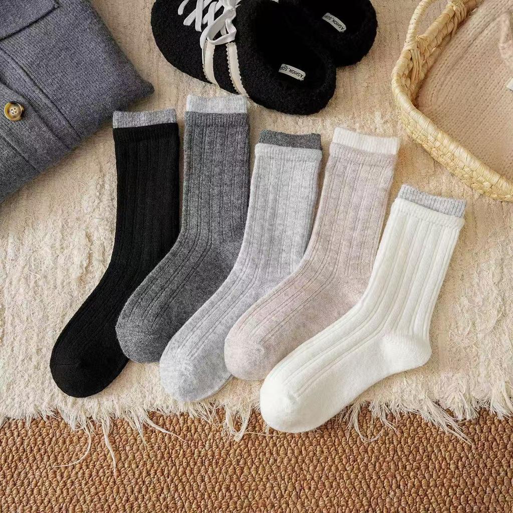 Socks Wool Simple And Versatile Korean Boneless Socks Medium Tube Socks Color Matching Double Screw Stacking Socks